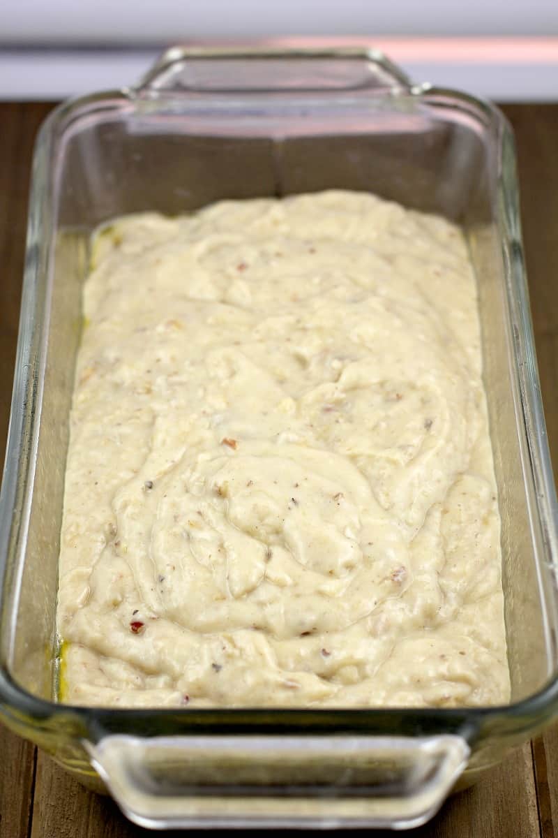 bread batter in pyrex loaf dish