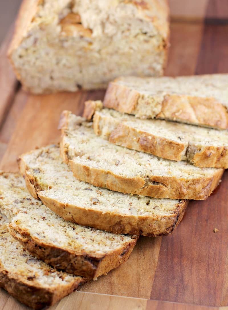 sliced banana bread on cutting board