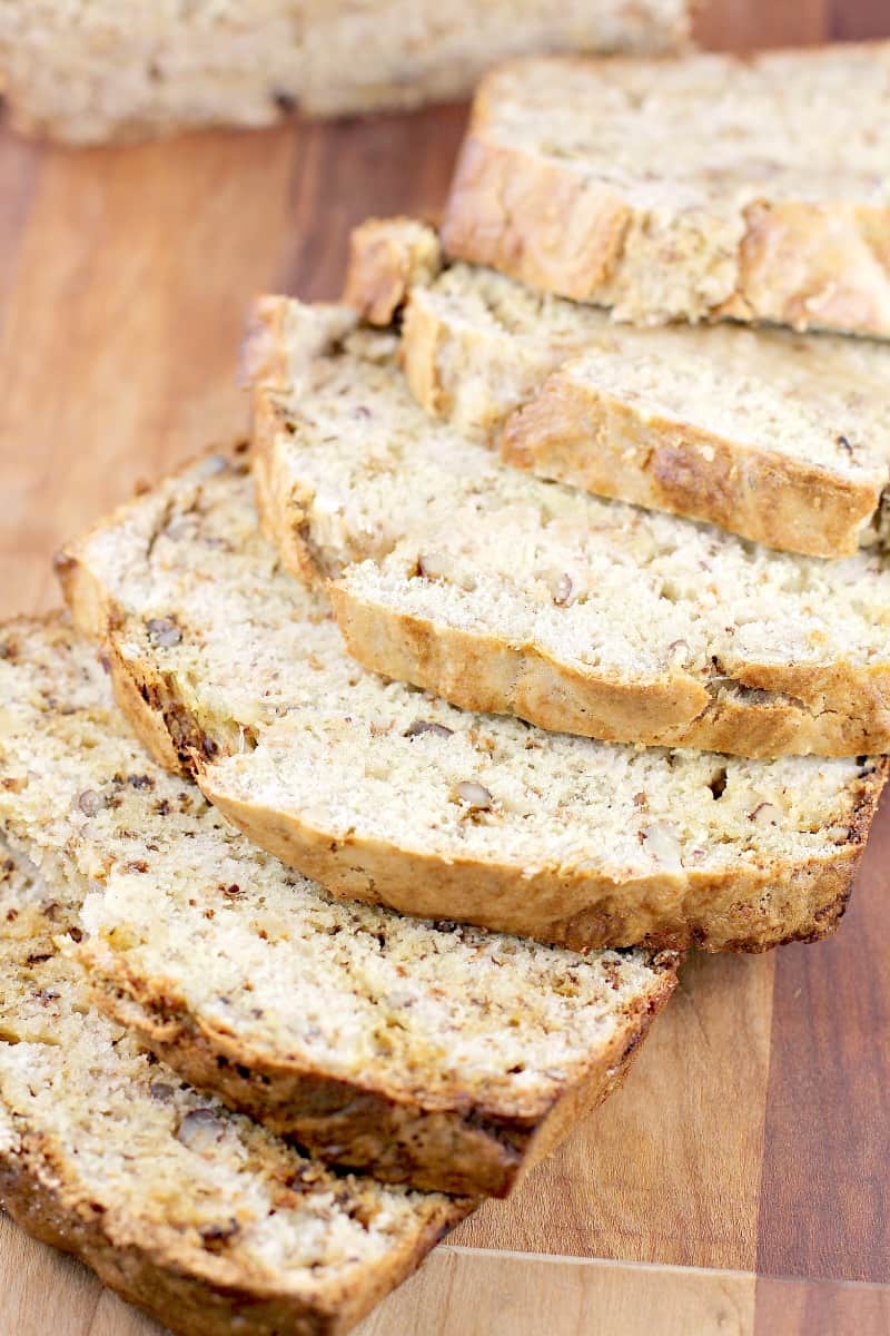 sliced banana bread on wood board