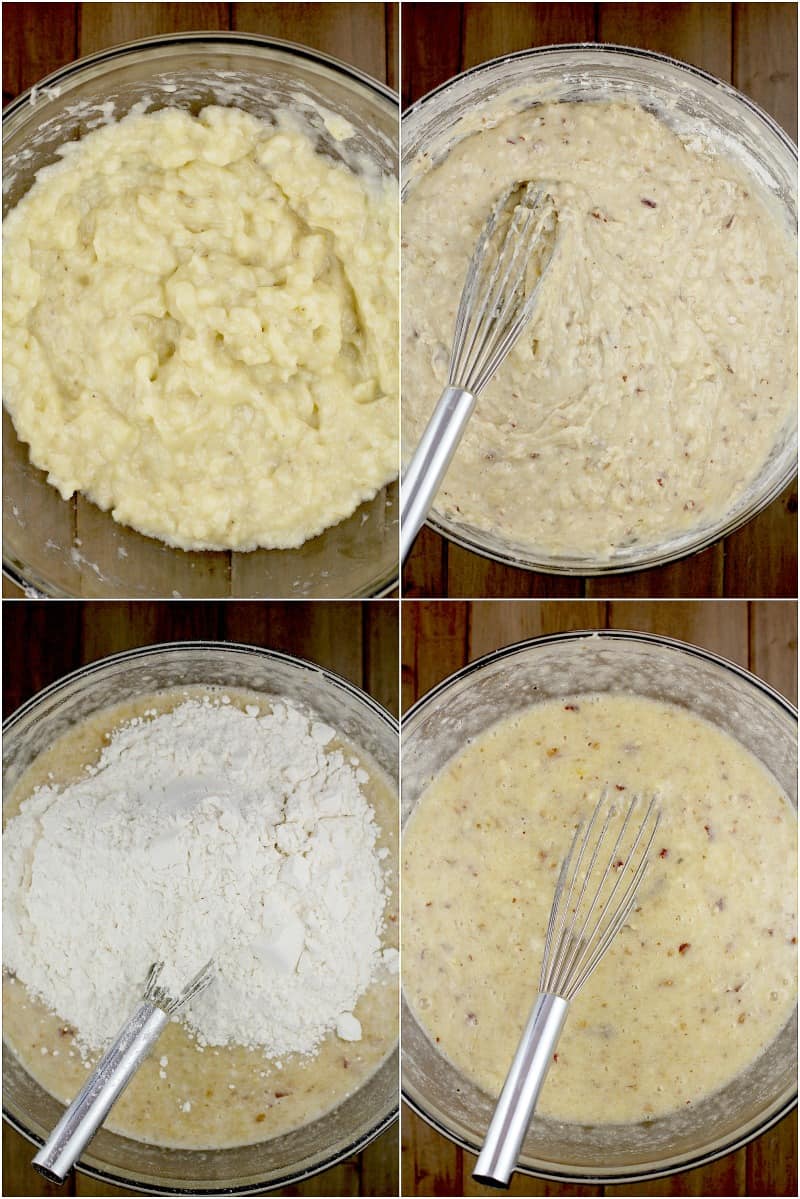 collage of 4 images showing batter being made: mashed bananas; wet ingredients added; flour added; finished batter