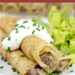 image for pinterest; text of recipe title Beef Stroganoff Crepes at the top