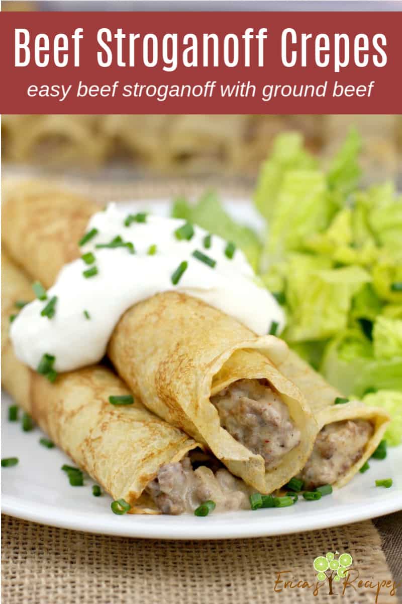 image for pinterest; text of recipe title Beef Stroganoff Crepes at the top