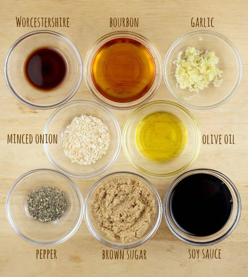 bourbon marinade ingredients in small glass bowls