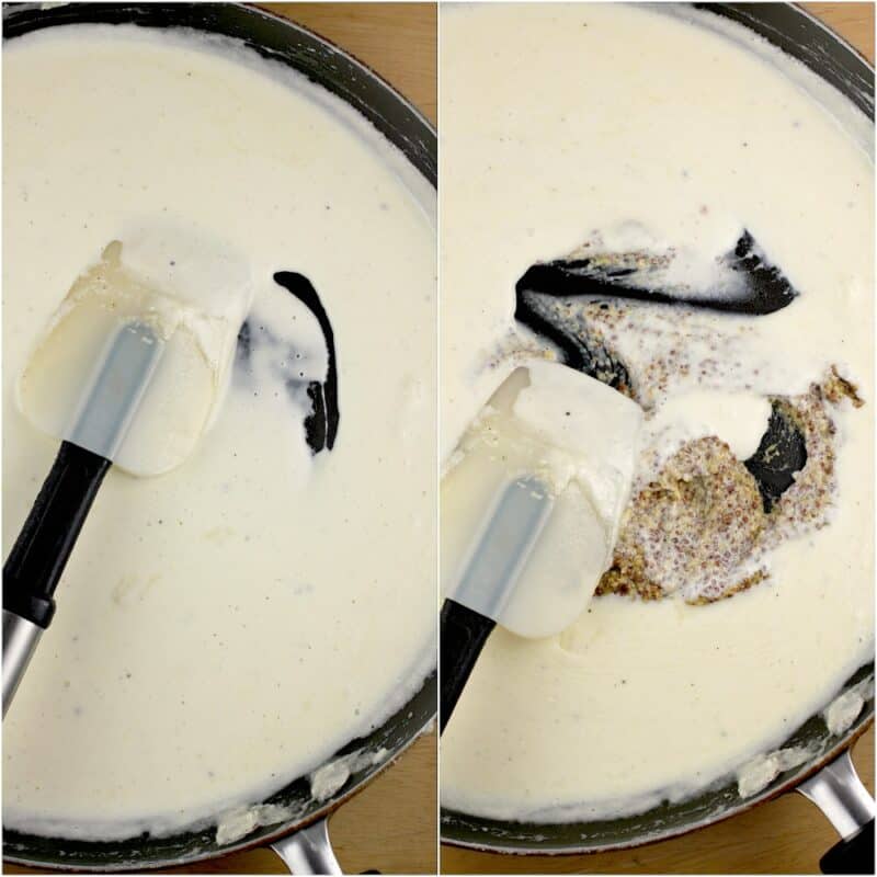 collage of 2 photos: left, thickened cream in skillet; right, mustard added to the cream