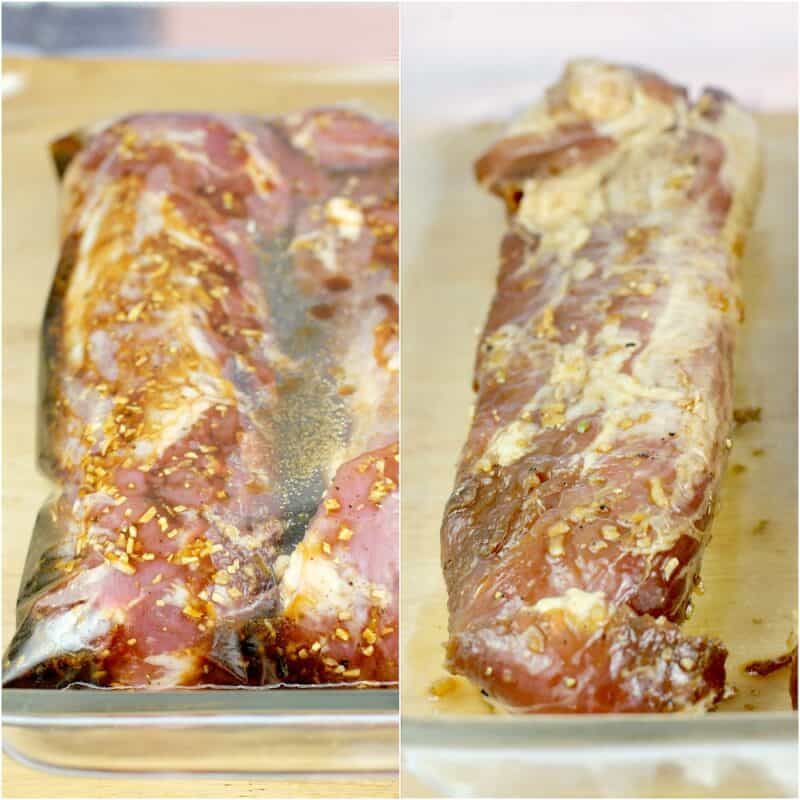 collage of 2 photos: left, pork in marinade in a bag; right, pork removed from marinade in glass dish