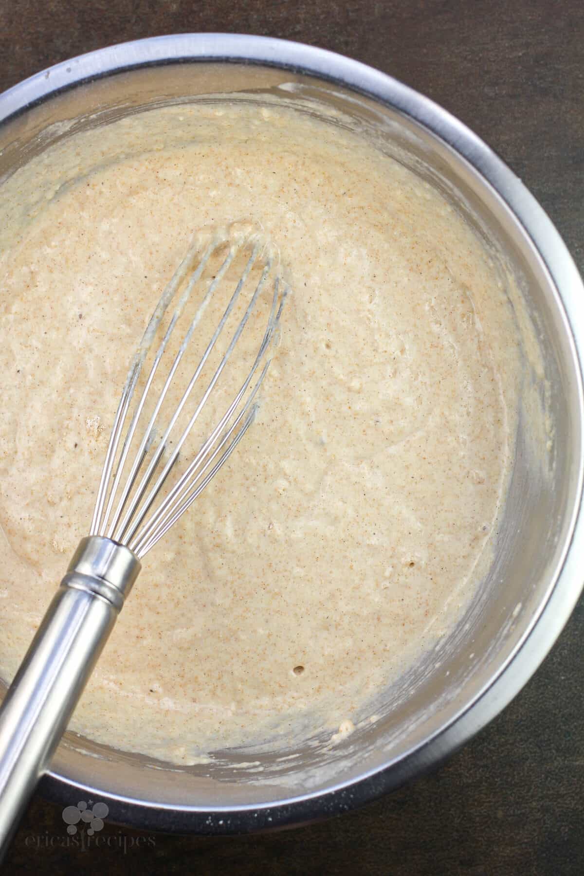 batter with whisk in metal bowl