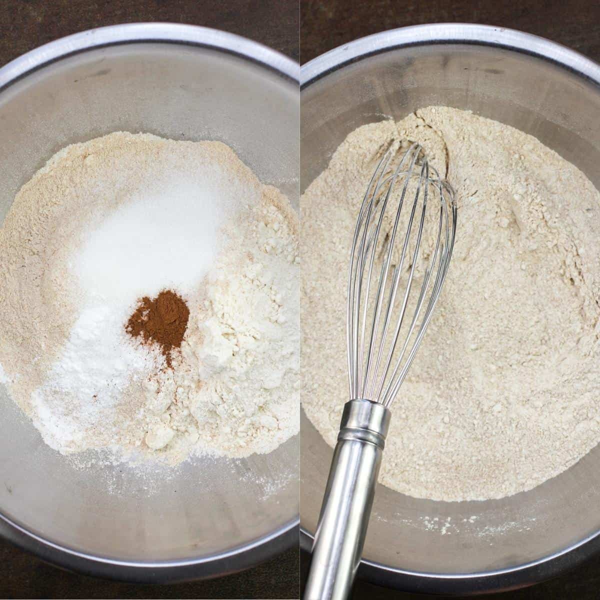 collage of 2 photos: left, dry pancake ingredients in metal bowl; right, dry ingredients mixed with whisk