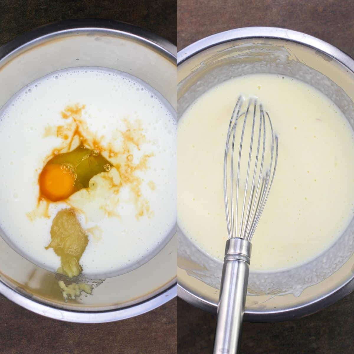 collage of 2 photos: left, wet pancake ingredients in metal bowl; right, wet ingredients mixed with whisk