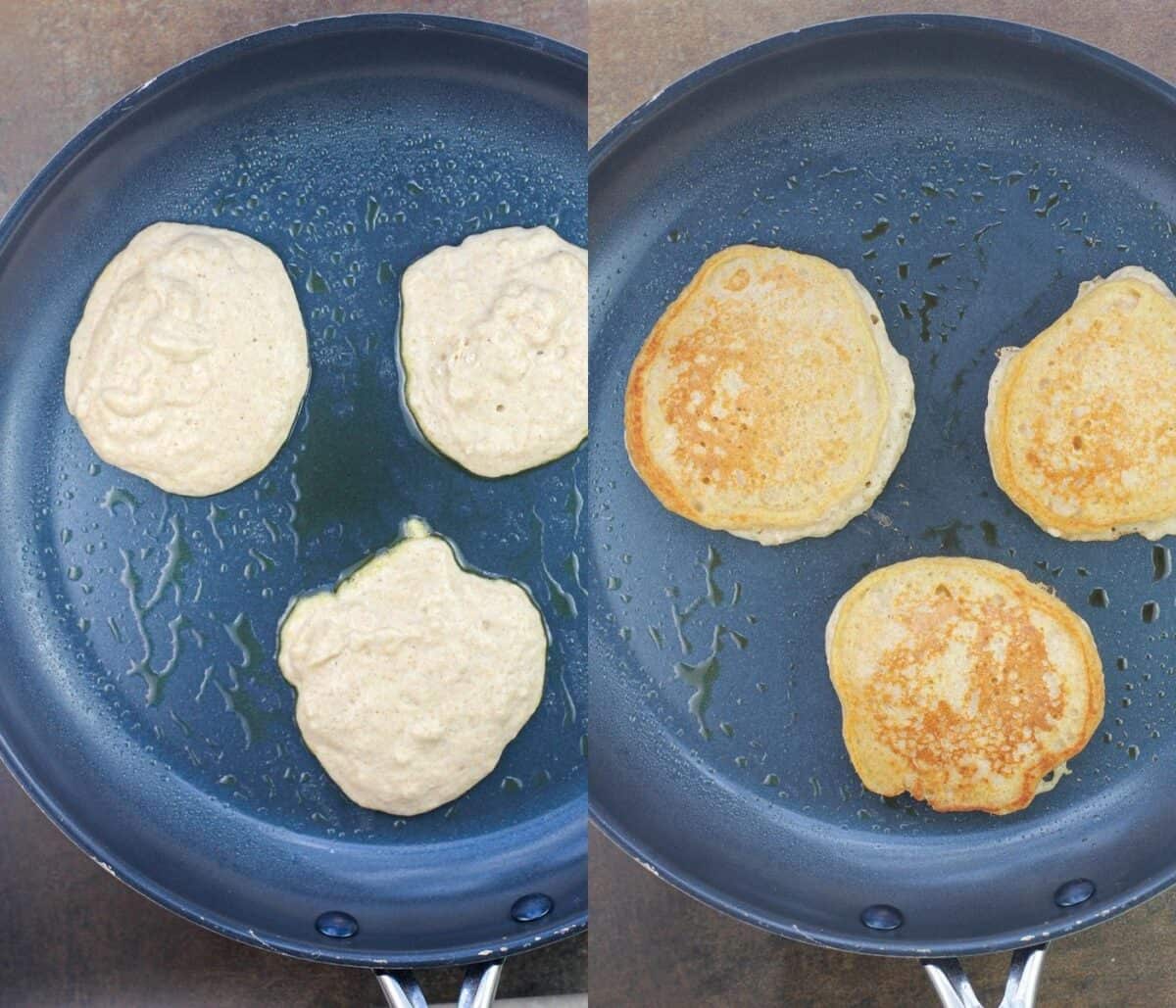 collage of 2 photos: left, 3 pancakes cooking in skillet, raw on top; right, flipped pancakes cooking in skillet