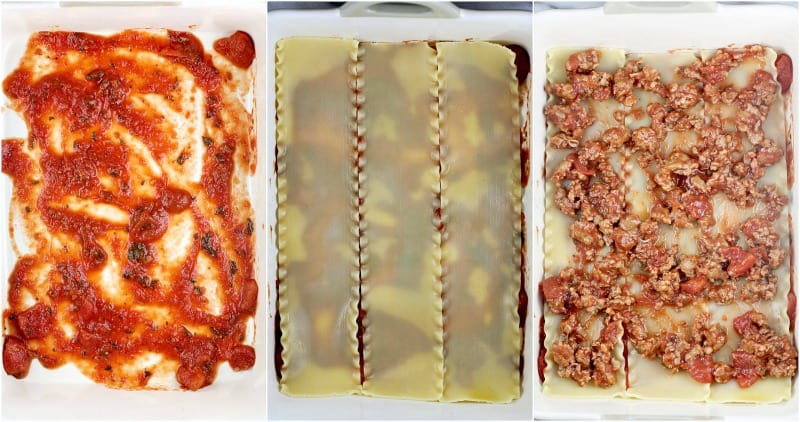 collage of 3 photos to show the steps and lasagna ingredients: left, sauce in the lasagna dish; center, 3 noodles laid out to form the first pasta layer; right, first layer of meat sauce