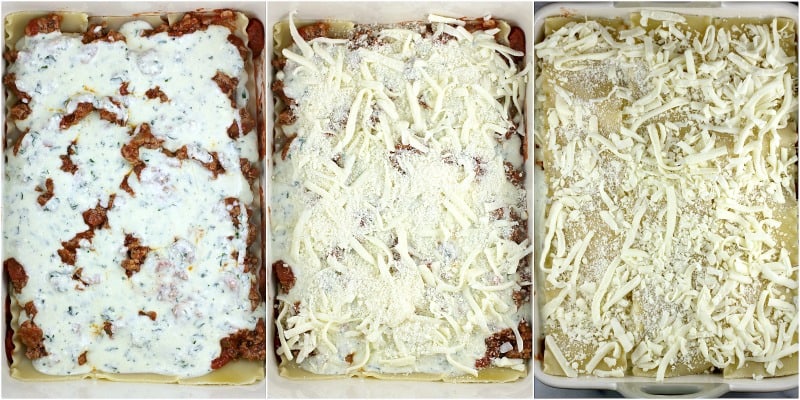 collage of 3 photos to show the next steps and lasagna ingredients: left,ricotta-herb  sauce over the meat sauce layer; center, the cheeses; right, the final pasta layer topped with cheeses