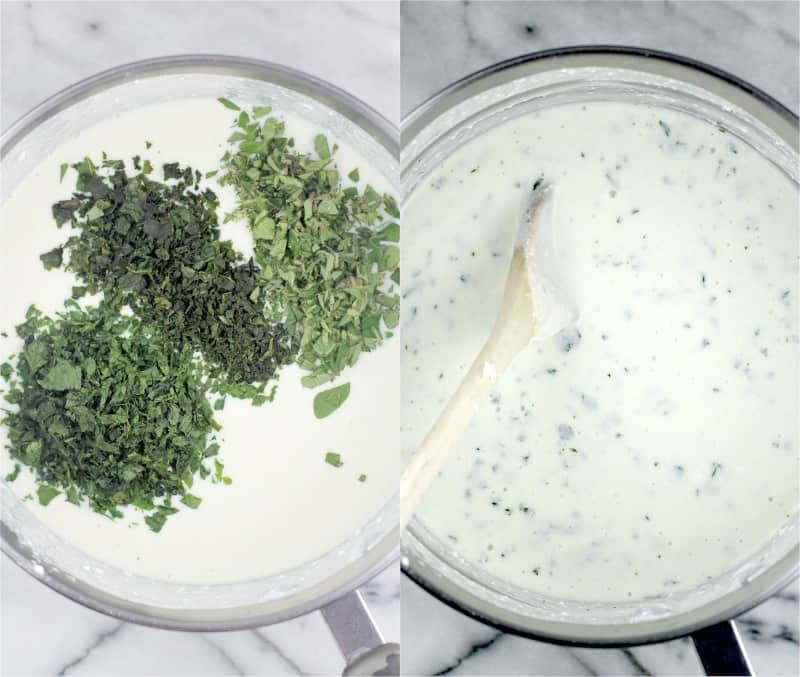 collage of 2 photos: left, the 3 herbs on top of the bechamel in a medium saucepan on a marble surface; right, the herbs mixed in with a wooden spoon