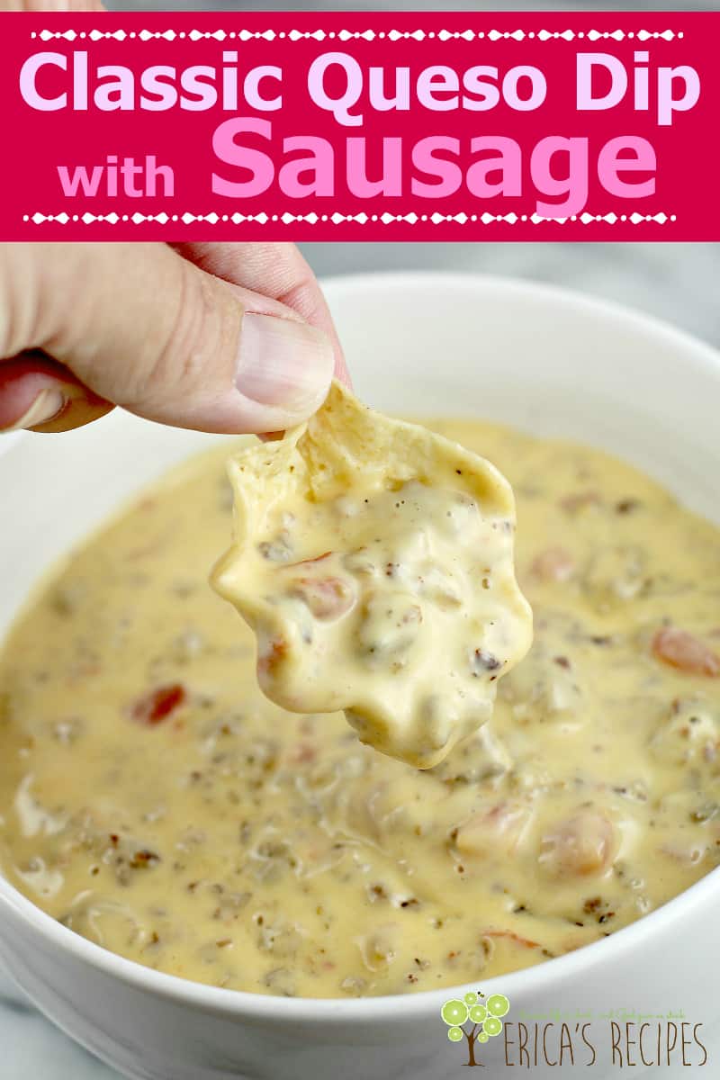 This Rotel dip recipe has a couple extra touches that make it THE BEST sausage queso dip. Far better than regular Velveeta salsa dip, THIS Velveeta Rotel dip is smoother, creamier, and TASTIER thanks to juicy sausage, condensed soup, and beer. #beer #queso #velveeta #rotel #cheesedip #sausage