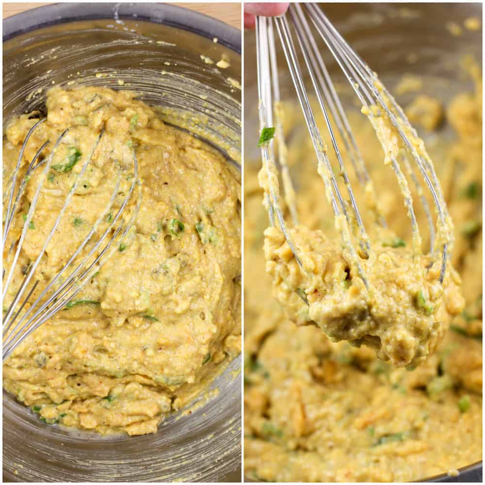 collage of 2 photos: left, jalapeno cornbread batter in metal bowl with whisk; right, whisk holding up batter to show consistency