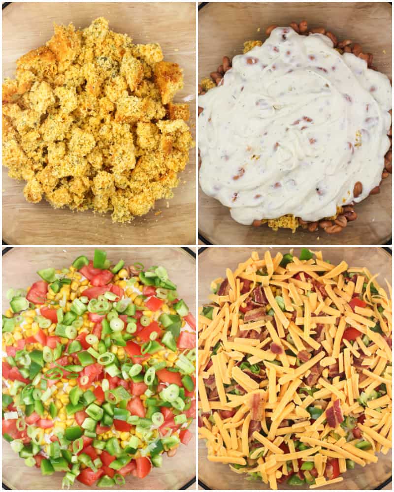 collage of 4 photos: top left; crumbled cornbread in glass bowl; top right; ranch over pinto beans in glass bowl; bottom left, layered green onion, tomato, and bell pepper; bottom right; layered cheese and bacon