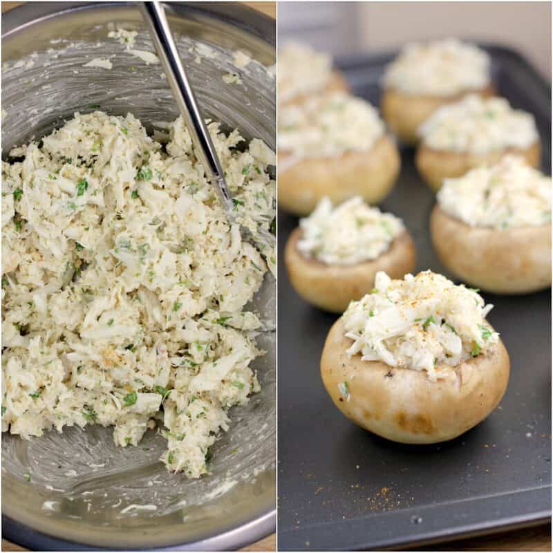 collage of 2 photos: left, crab filling in glass bowl; right, stuffed mushrooms not yet cooked