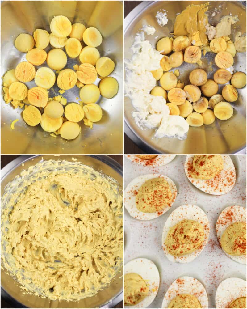collage of 4 photos: egg yolks in a metal bowl; egg yolks with deviled egg ingredients in bowl; combined deviled egg filling in metal bowl; filled deviled egg