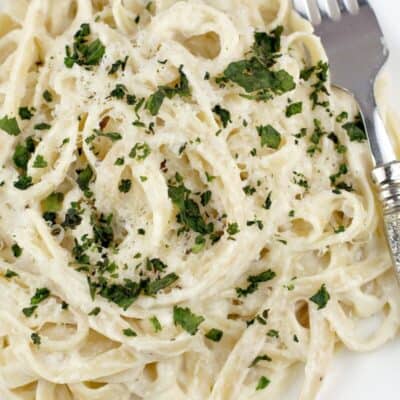 pasta in white sauce on a white plate with a fork