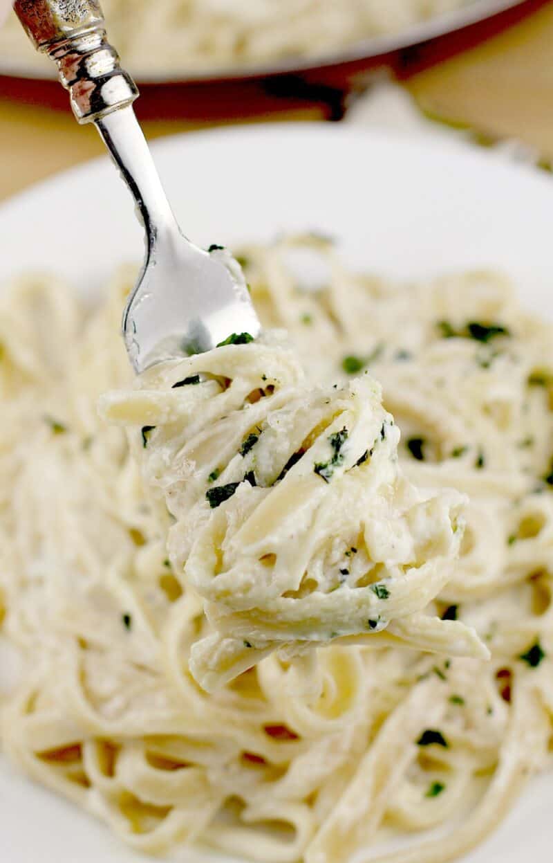 a fork with pasta wrapped around it