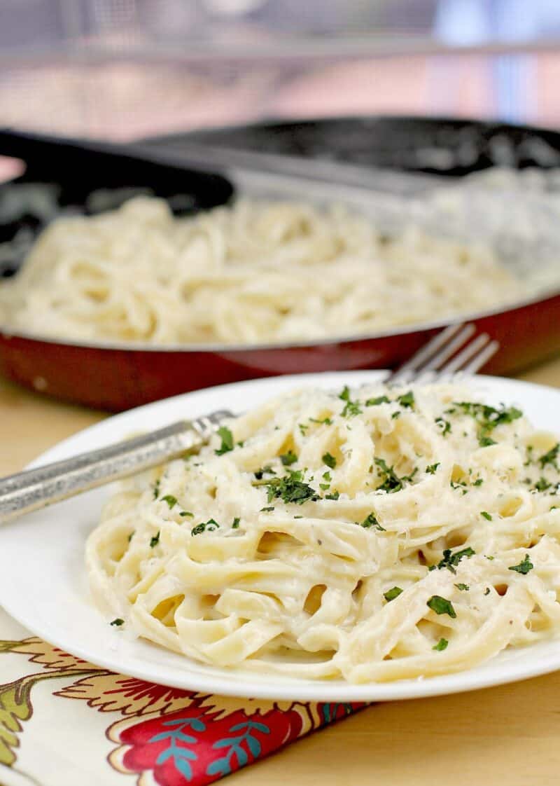 the plated recipe, skillet in the background