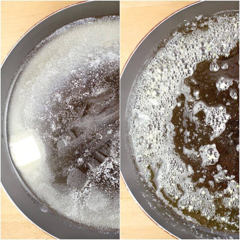 collage of 2 photos: left, butter melting in a skillet; right, garlic cooking in butter