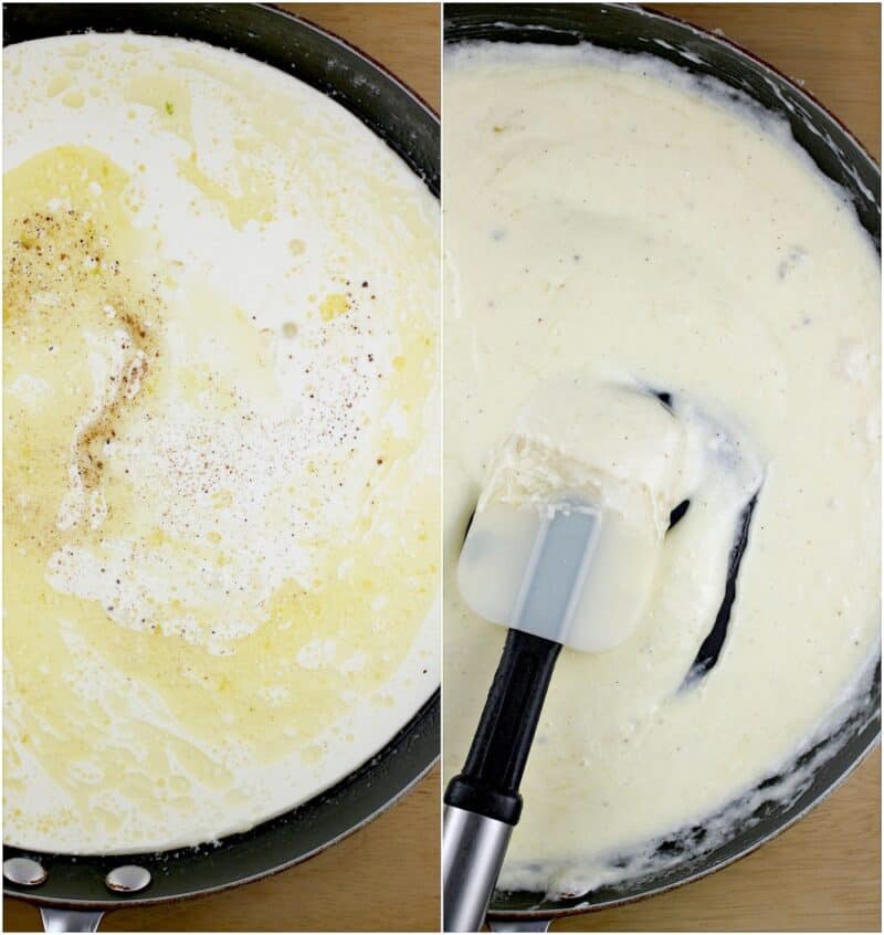 collage of 2 photos: left, cream added to melted butter; right, a creamy sauce after cooking