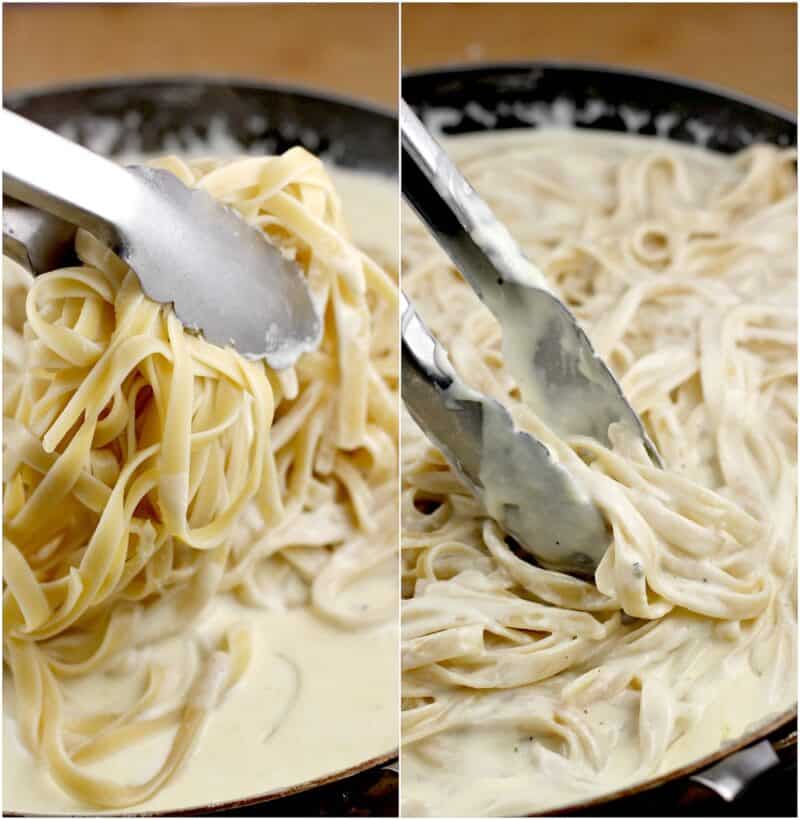 collage of 2 photos: left, pasta being added to cream sauce in a skillet; right, tongs tossing the pasta in the alfredo