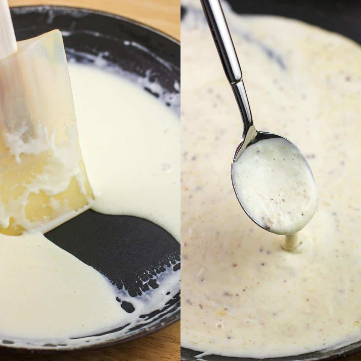 collage of 2 photos: left, thickened cream in skillet with rubber spatula; right, spoon with horseradish dijon sauce