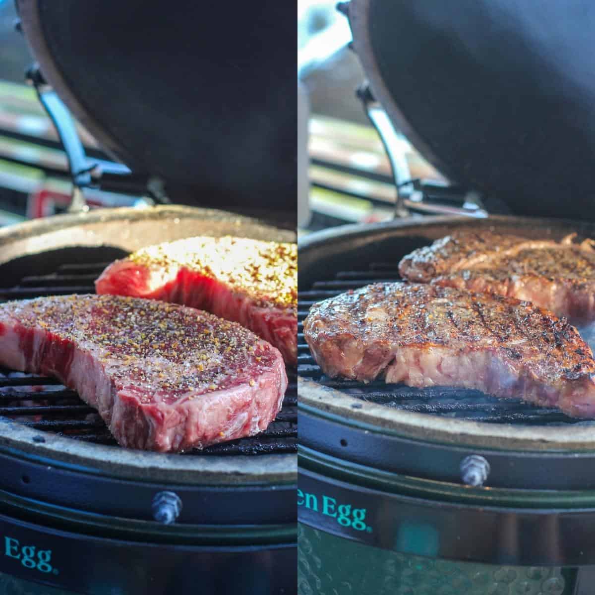 collage os 2 photos: left, raw steaks on grill; right, cooked steaks on grill