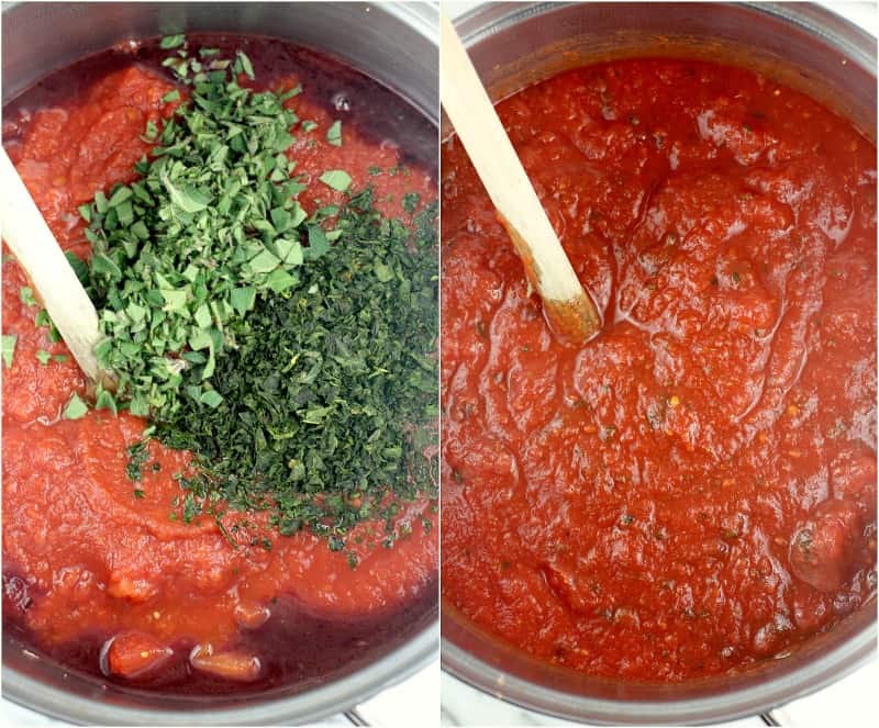 collage of 2 photos showing how to make marinara sauce: left: herbs added to the pot with the tomatoes; right: herbs stirred in with a wooden spoon