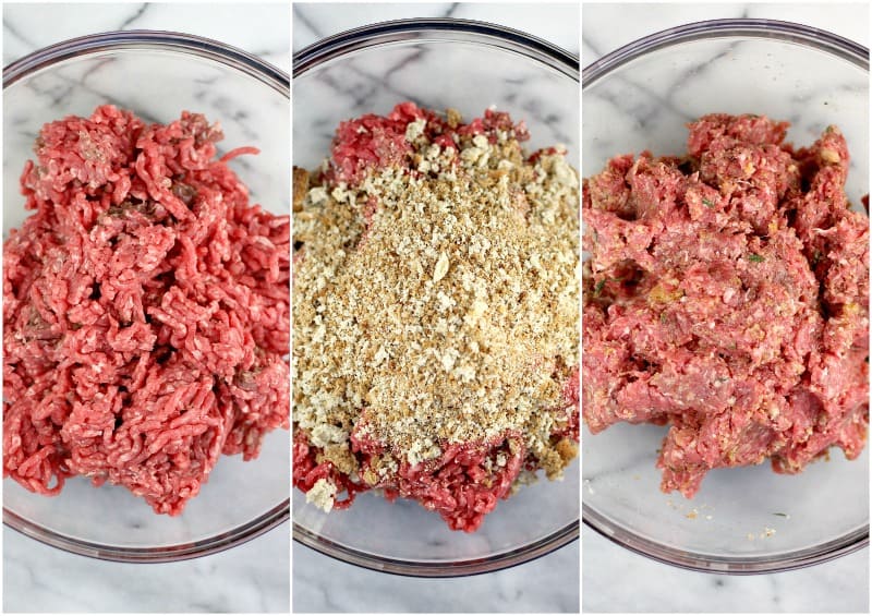 collage of 3 photos: ground beef in a glass bowl; stuffing poured over the beef; the fully mixed meat and ingredients
