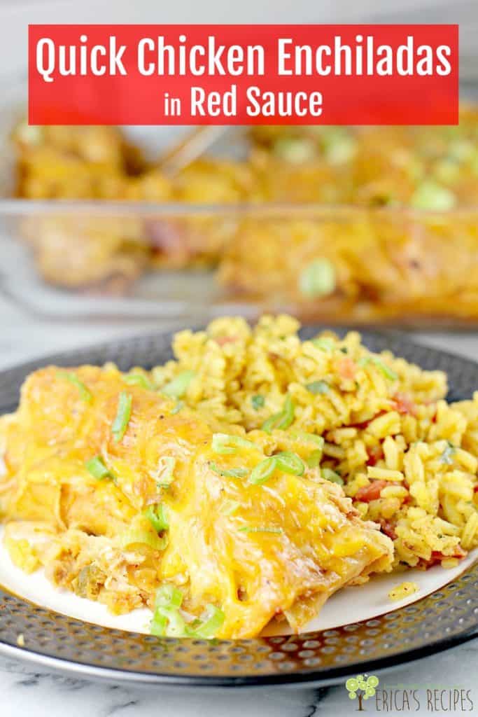 Rotisserie chicken, salsa, enchilada sauce, and loads of cheese are to the rescue in this, the easiest chicken enchilada recipe ever. Quick Chicken Enchiladas let you enjoy this Mexican classic on a weeknight or freeze until ready to bake. Family-pleasing, kid-friendly, cheesy delicious easy chicken enchiladas. #enchiladas #easychickenenchiladas #cheeseenchiladas #food #recipe #Mexicanfood #chickenenchiladarecipe