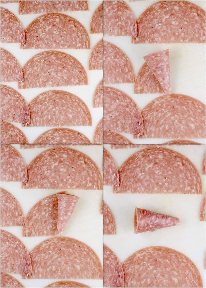 collage of salami on a white background to show the steps to roll the shape into cornucopia