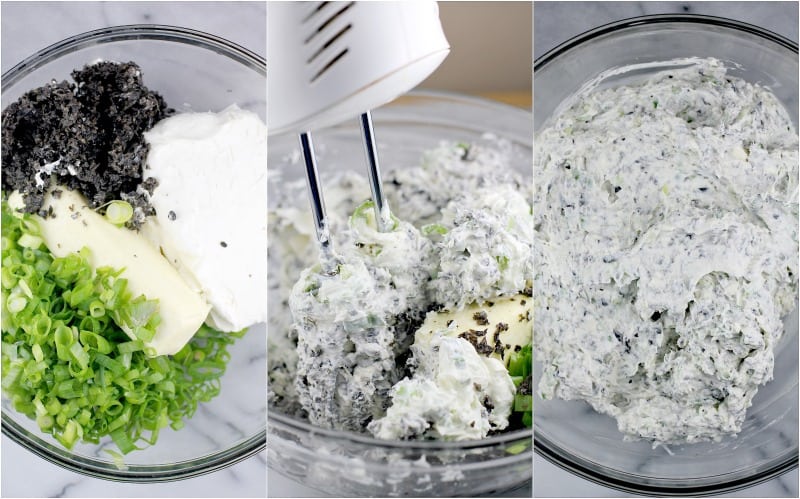 collage of three photos showing the making of the dip: ingredients in a bowl, the hand mixer, the finished Scallion Olive Dip