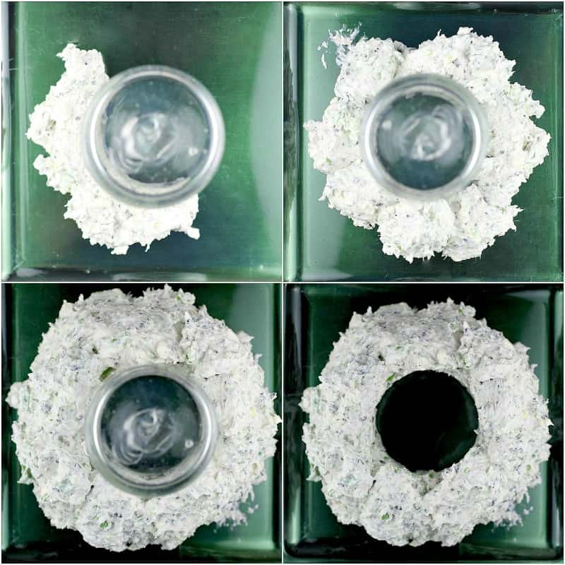 collage of 4 photos, top down, showing the forming of the cheese wreath around the glass