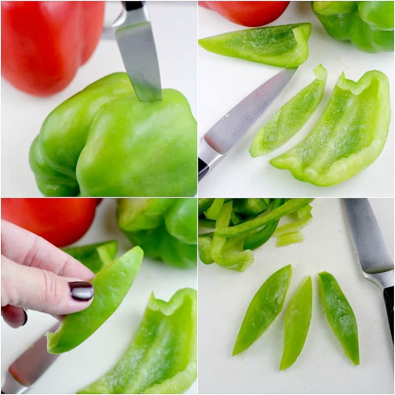 collage of 4 photos showing the holly leaves cut from green bell pepper
