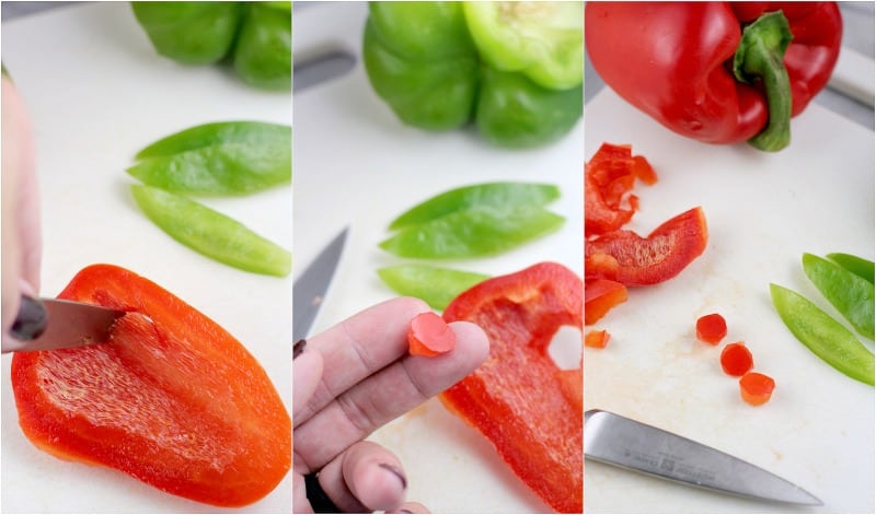 collage showing the red holly berries being cut from the red bell pepper