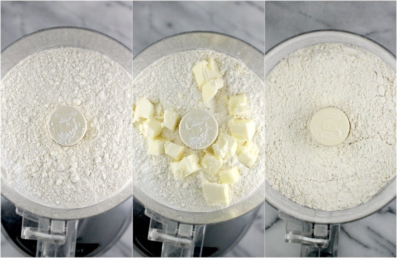 collage of 3 photos: left, dry ingredients in a food processor; center, butter added; right; butter incorporated into the dry ingredients