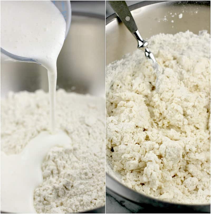 collage of 2 photos: left, buttermilk being poured into the bowl; right, a fork combining the buttermilk into the rest of the ingredients to form the biscuit dough