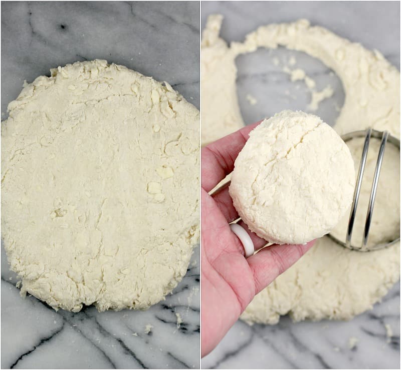 collage of 2 photos: left, the formed disk of dough; right, a hand holding a cut round of dough