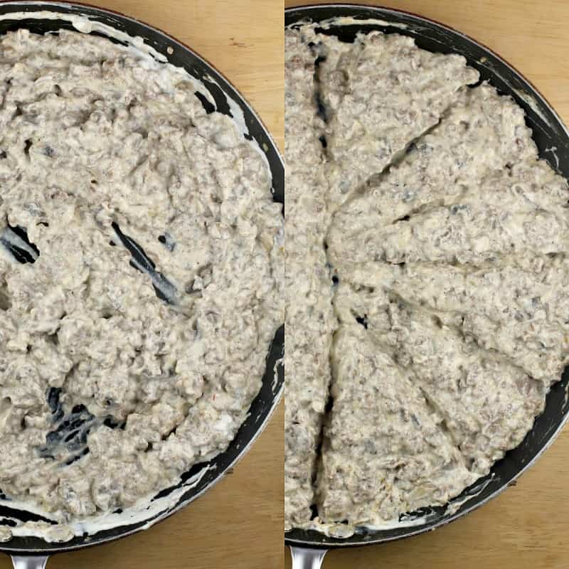 collage of 2 photos: left, beef stroganoff; right, stroganoff divided into portions in a skillet