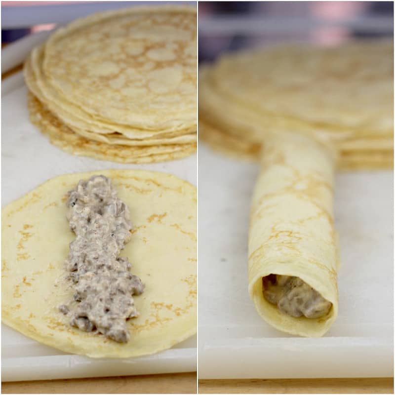 collage of 2 photos: left, filling on a crepe; right, rolled up crepe