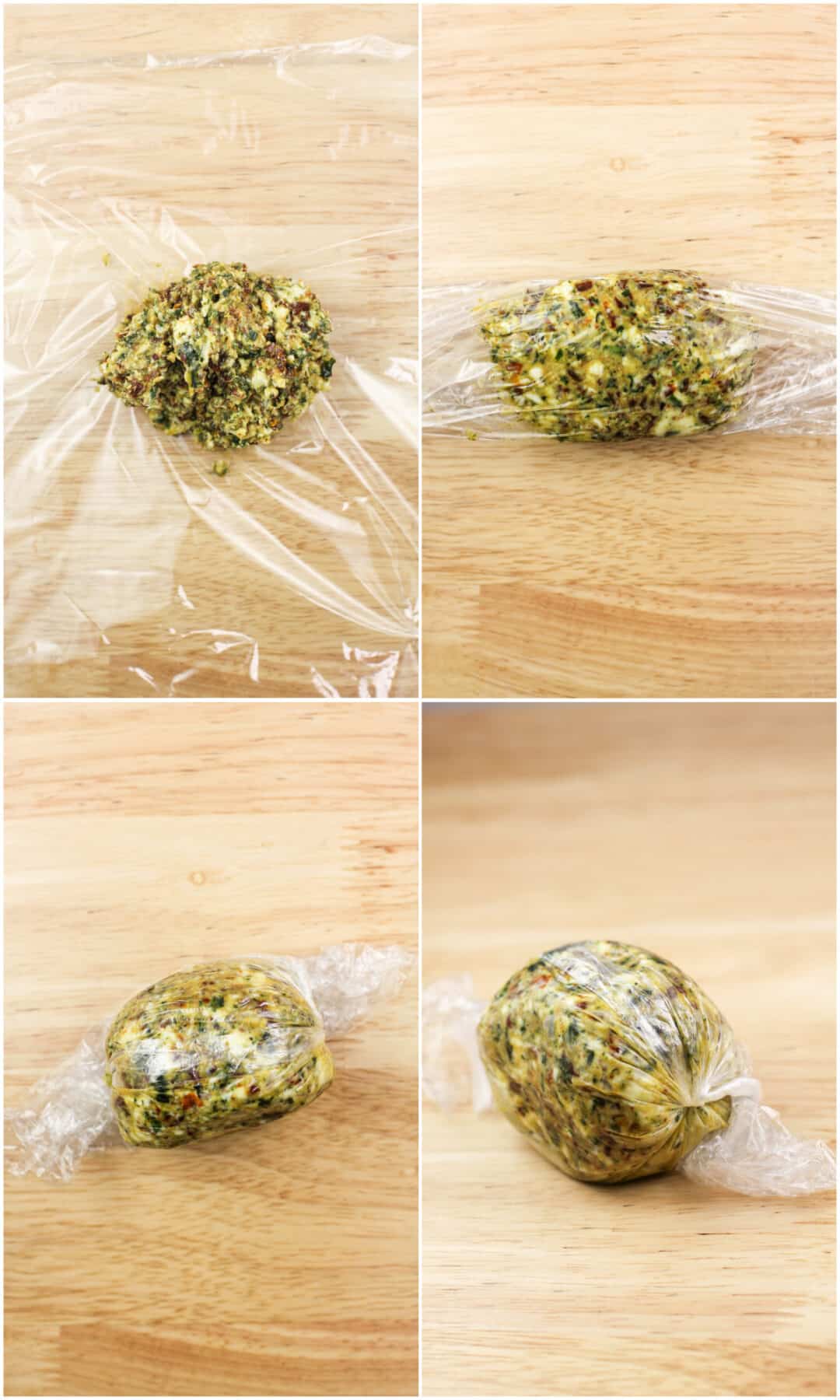 collage of 4 photos showing the progression of wrapping compound butter in plastic wrap