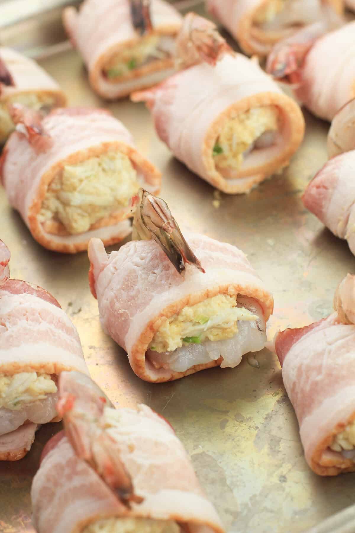 assembled crab stuffed shrimp wrapped with bacon