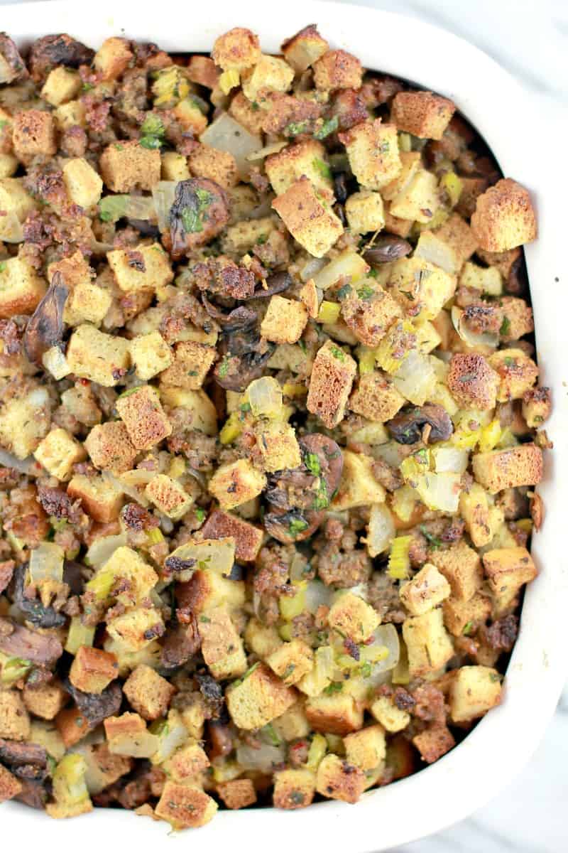 Top down view of the cooked stuffing showing the golden bread on top