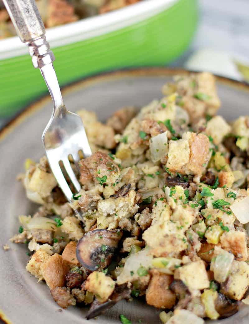 stuffing on a plate with a fork to show texture