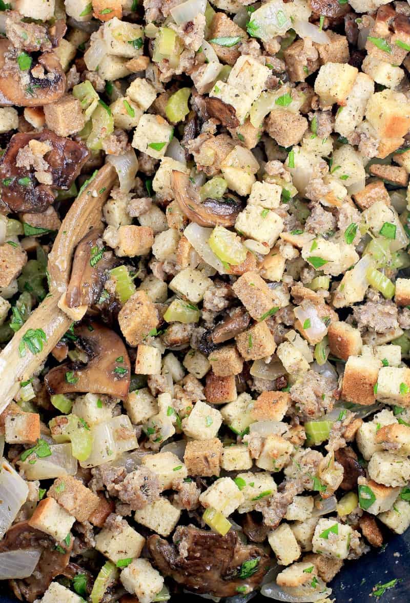 Top down view of assembled sausage stuffing recipe before cooking.