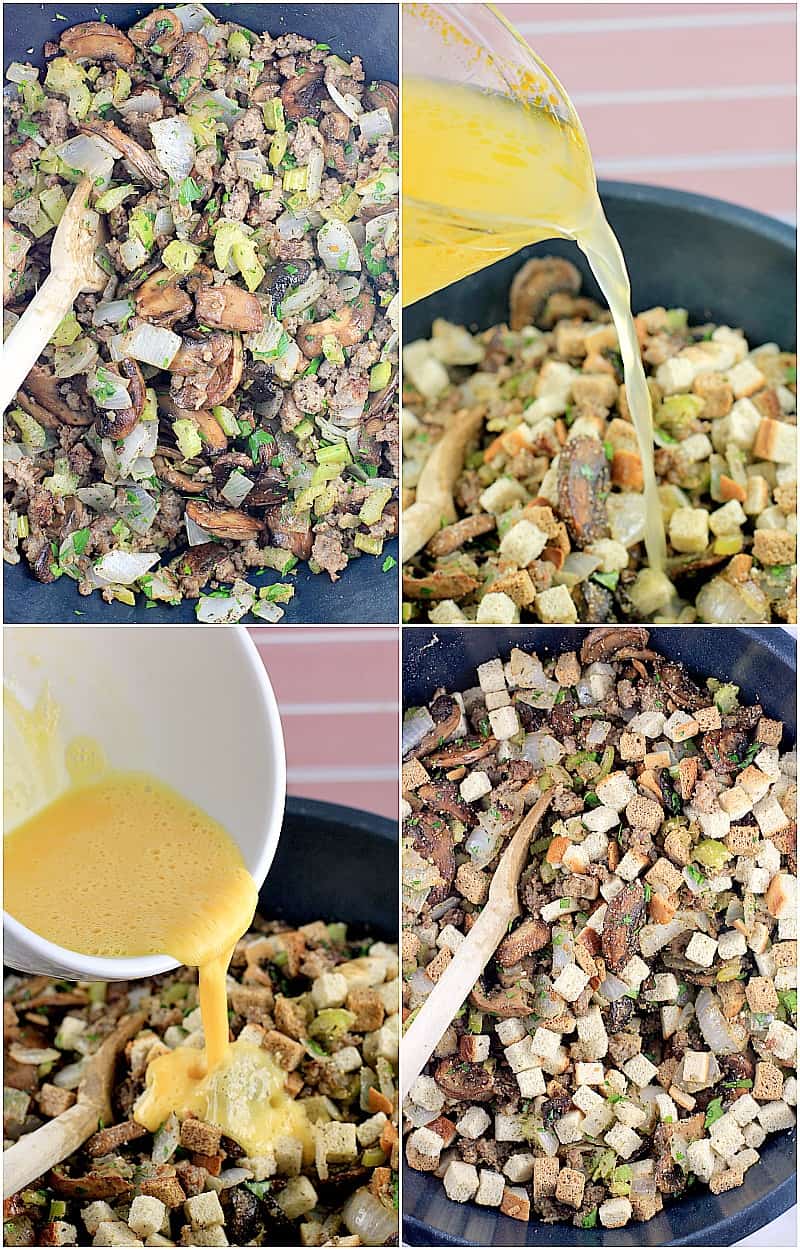 Collage of 4 photos: celery, onion, sausage, and herbs mixed together in a blue mixing bowl; stock being added; egg being added; all ingredients combined in the mixing bowl