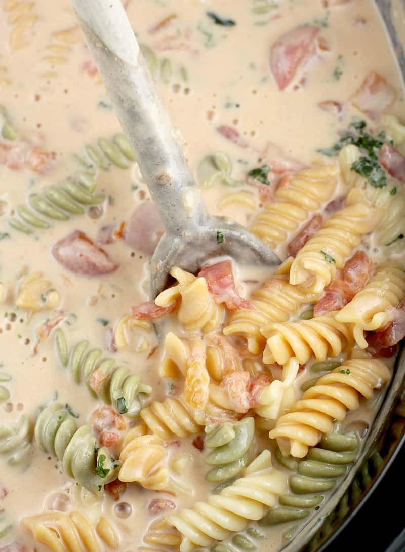 wooden spoon lifting in the crockpot with the finished vegetarian soup recipe, lifting up to show the colors of the pasta