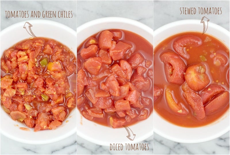 collage showing the different varieties of canned tomatoes, each in a white bowl, top down view